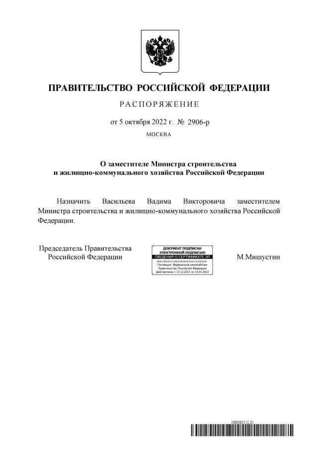 Распоряжение 2022. Вадим Васильев новый глава Минстроя фото. Правительство РФ назначает. Васильев Вадим Викторович аппарат правительства.